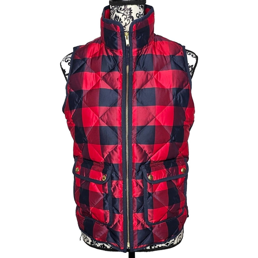 J. Crew Excursion Buffalo Check Plaid Quilted Down Puff Vest Size XS Navy Blue - Picture 3 of 8